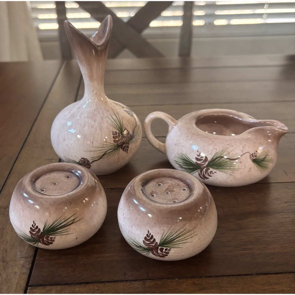 VTG Rocky Mountain Pottery Pinecone Creamer Bud Vase Salt Pepper Shakers 4PC SET